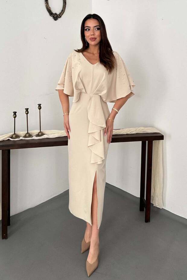 Women's Beige Maxi Dress V-Neck Pearl Cape Detailed Slit Event Dress