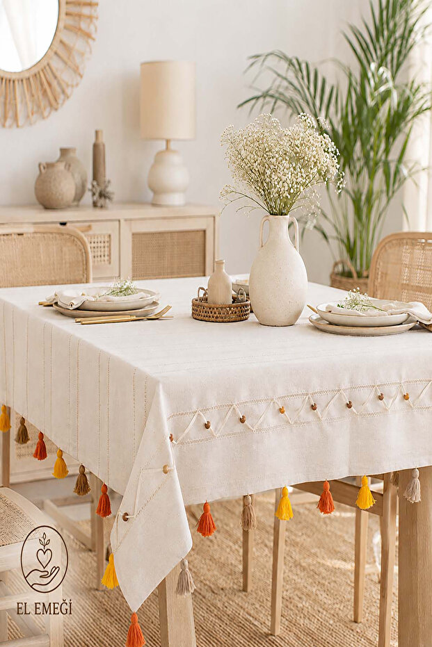Handmade Beaded Tasseled Natural Tablecloth