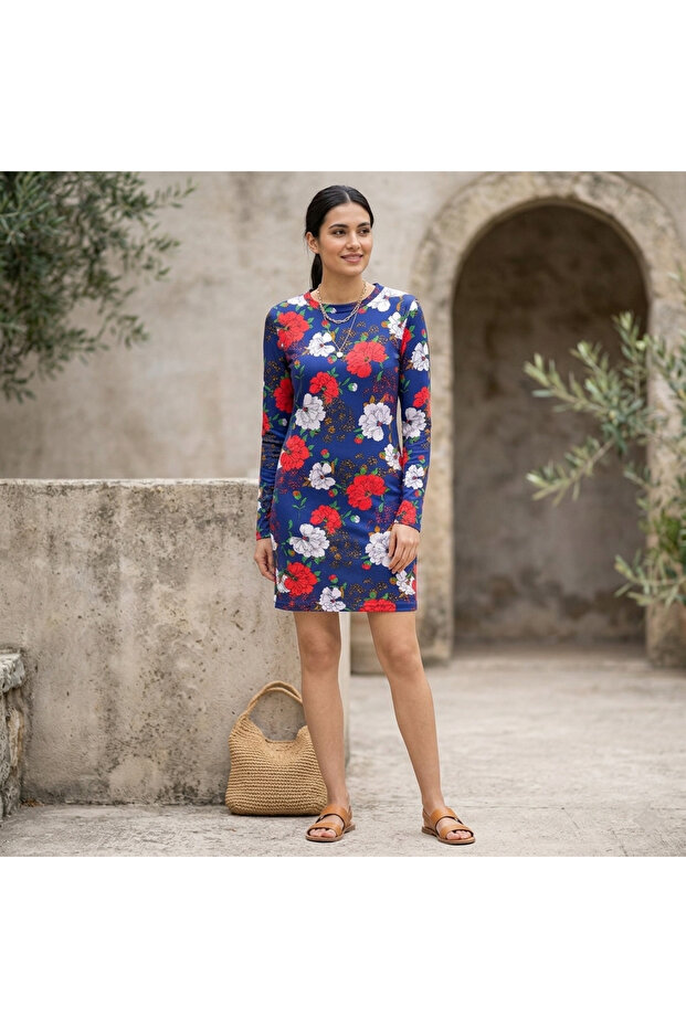 Women's Blue Floral Bodycon Long sleeve Mini Dress
