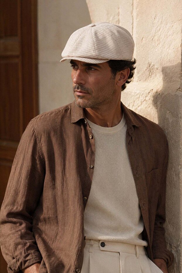 Oat Sand Micro Striped Cotton Cap | Baker Boy
