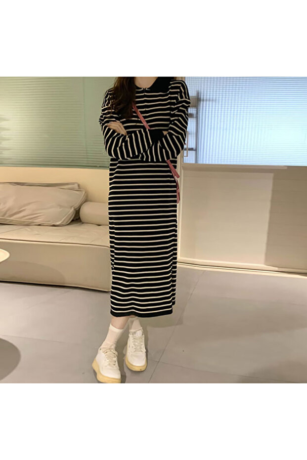 Women's Black Striped Polo collar Midi Dress