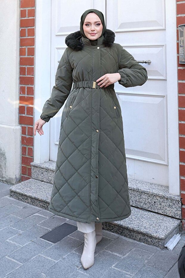 Nova Belted Quilted Coat Khaki 3000