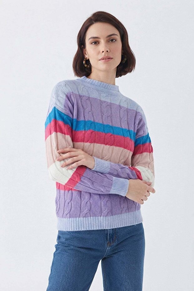 Knitted Patterned Striped Sweater