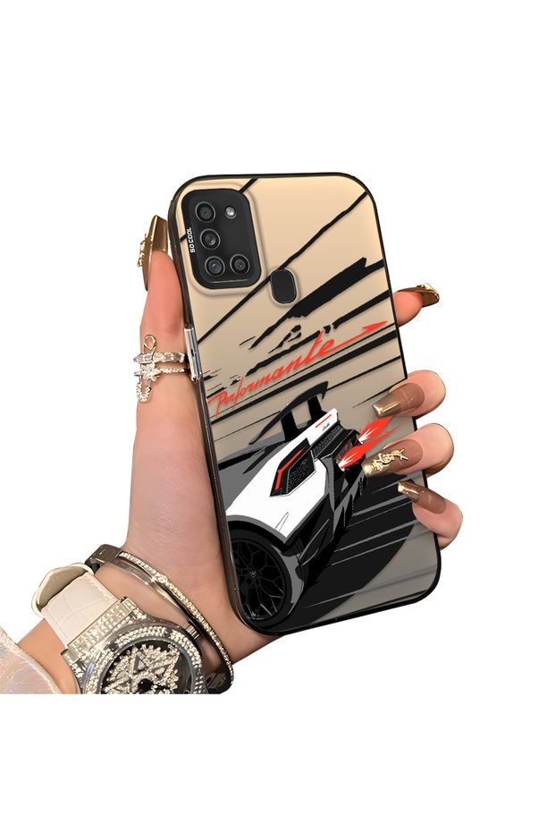 Samsung Galaxy A21S Compatible Stylish Racing Car Pattern Acrylic Back Panel Silicone Edge Shock Absorbing Case