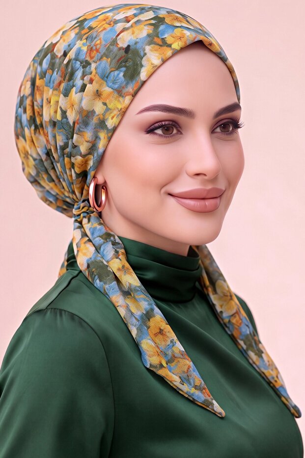 Floral Patterned Practical Ready-To-Wear Scarf Bonnet