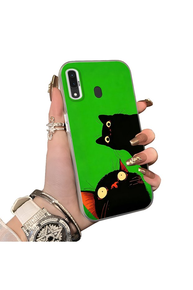 Samsung Galaxy A30/A20 Compatible Hard Acrylic Back Silicone Edge Lens Protection Case Cat