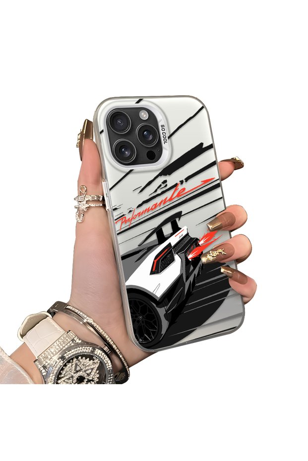 iPhone 16 Pro Compatible Stylish Racing Car Pattern Acrylic Back Panel Silicone Edge Shock Absorbing Case