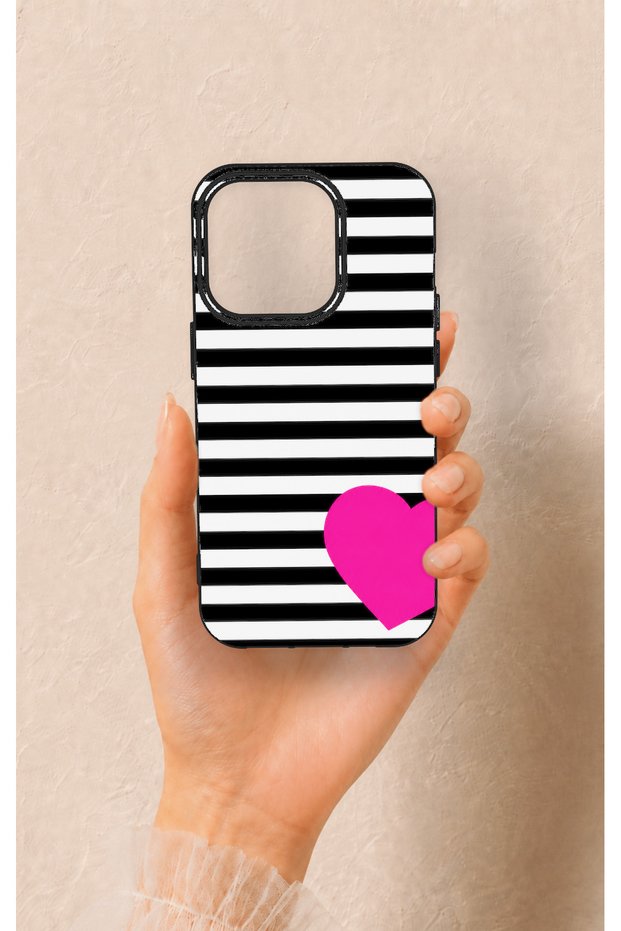 iPhone 14 Pro Compatible Striped Heart Pattern Silicone Case