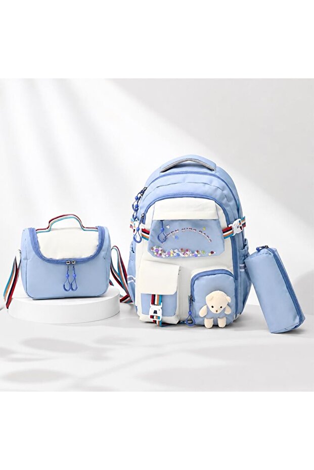 Girl's 3-piece school bag set - backpack with teddy bear, lunch bag and pencil case