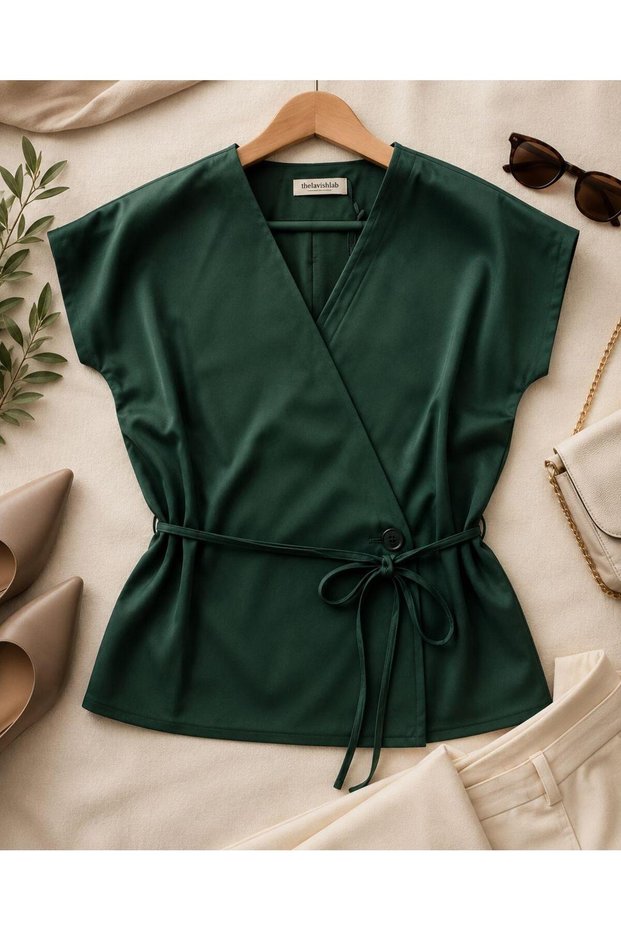 Women's Double-Breasted Collar Cross-Cut Short Sleeve Vest Green