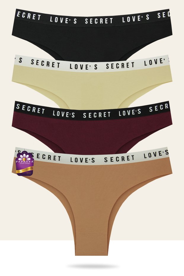 4-Pack Cotton Laser Brazilian Panties - Love Secret Written Waist Elastic W-4640