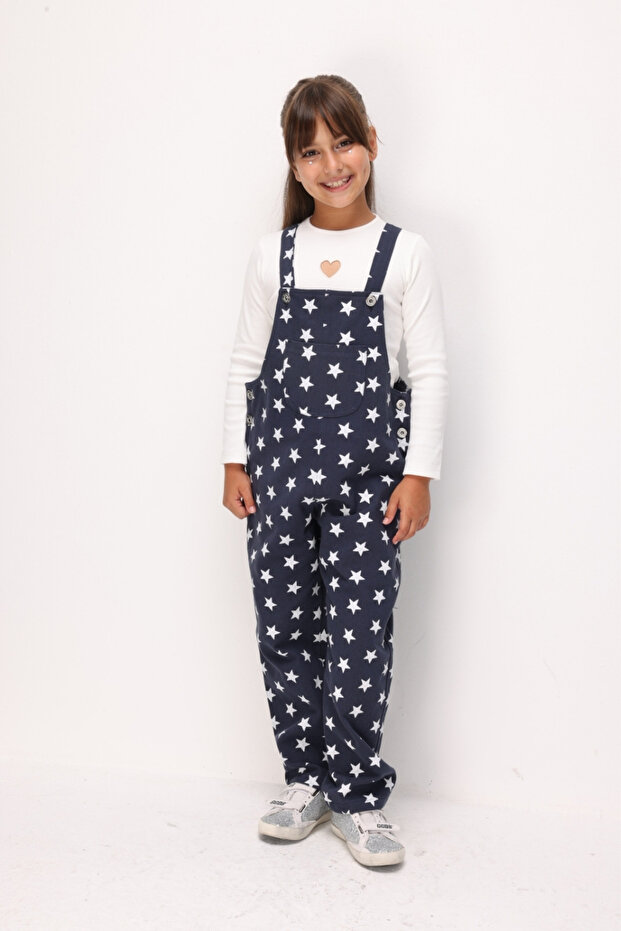 Navy Blue Star Patterned Girls' Salopet with Pocket Detail - Nomi
