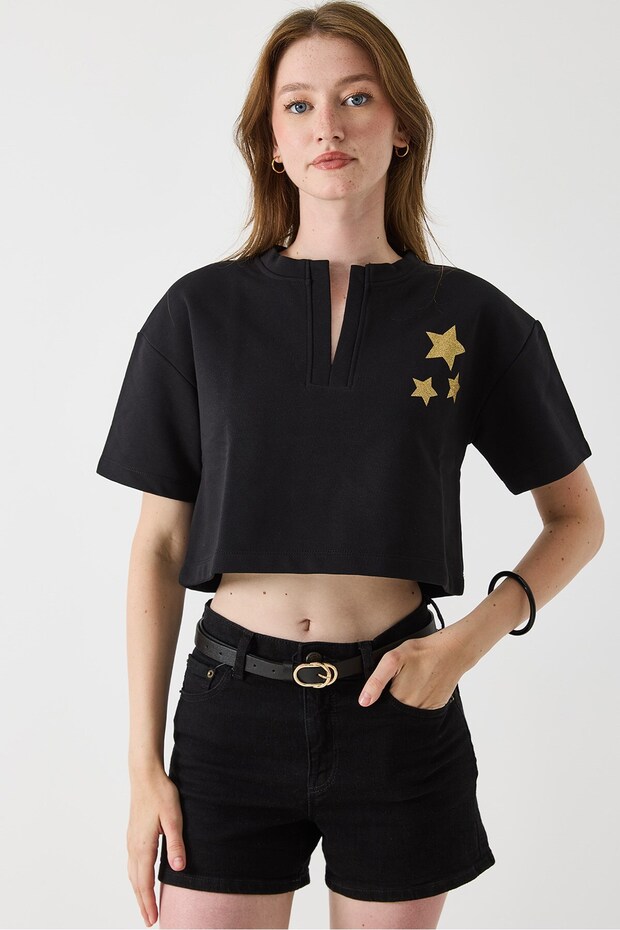 Women's Collar Detailed Printed Crop Blouse Black