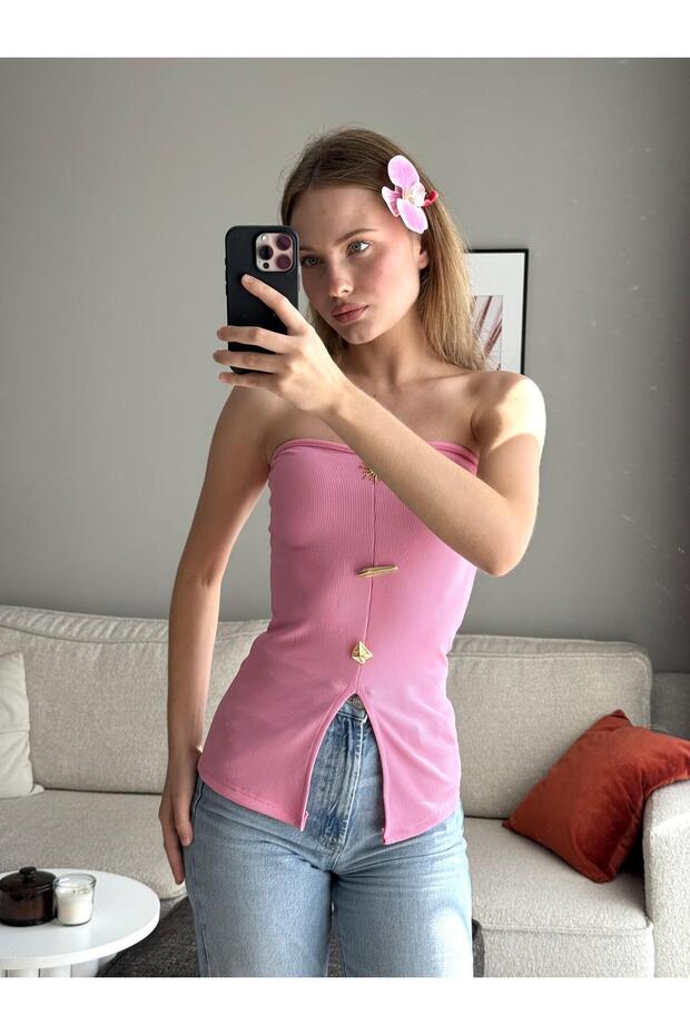 Button Detailed Ottoman Strapless Pink