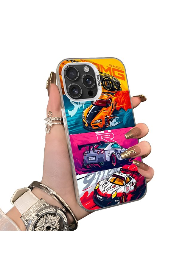 iPhone 16 Pro Max Gtr Racing Car Themed Stylish Case Hard Acrylic Back Soft Silicone Edge Shockproof Case