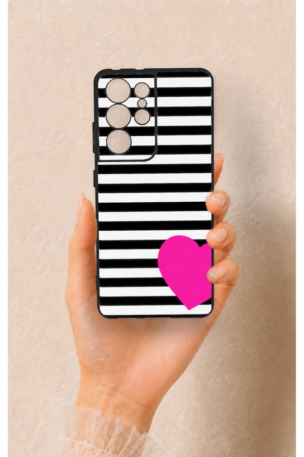 Samsung S21 Ultra Compatible Striped Heart Pattern Silicone Case