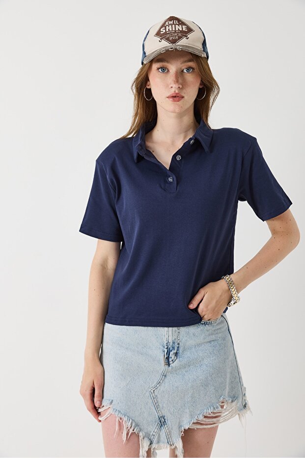 Women's Padded Polo Neck Tshirt Navy Blue