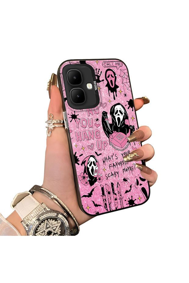Infinix Smart 10 Compatible Pink Horror Movie Mask Patterned Acrylic Back Silicone Edge Phone Case