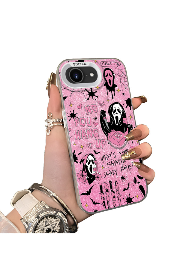 iPhone 16E Compatible Pink Horror Movie Mask Patterned Acrylic Back Silicone Edge Phone Case