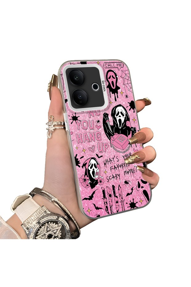For Vivo V60 Lite 4G/5G Compatible Pink Horror Movie Mask Pattern Acrylic Back Silicone Edge Phone Case