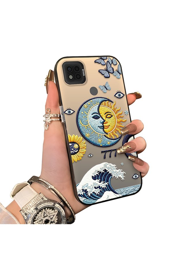 Xiaomi Poco C31 Compatible Sun-Moon Eye and Wave Butterfly Pattern Acrylic Back Silicone Edge Phone Case