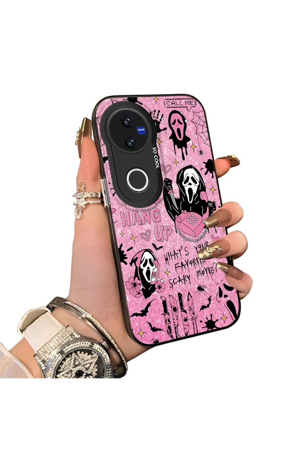 Vivo V50 Compatible Pink Horror Movie Mask Patterned Acrylic Back Silicone Edge Phone Case