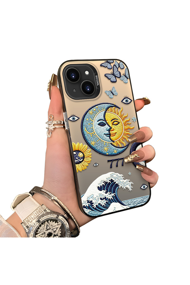 iPhone 15 Compatible Sun-Moon Eye and Wave Butterfly Pattern Acrylic Back Silicone Edge Phone Case