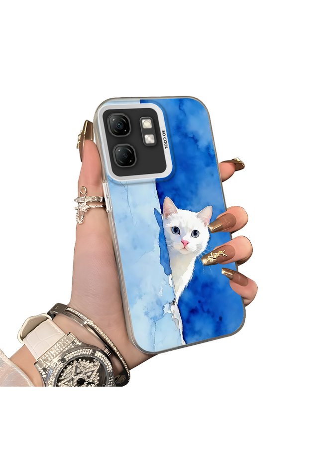Infinix Smart 9 Compatible Cute White Cat Pattern Acrylic Back Silicone Edge Phone Case