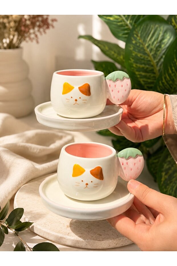 Berry cat porcelain coffee cup set for 2 people 90 ml