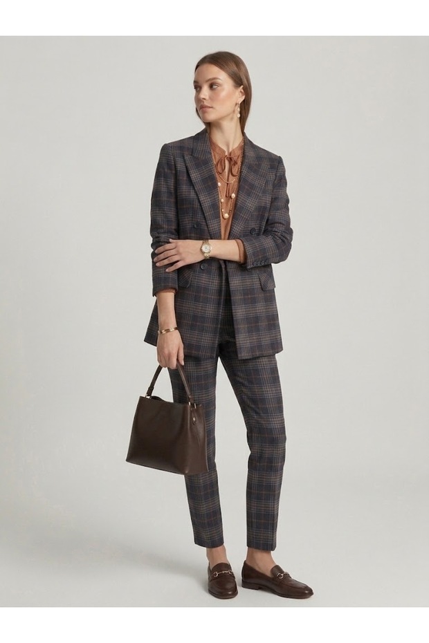 Plaid Patterned Double-Breasted Blazer Jacket 4065