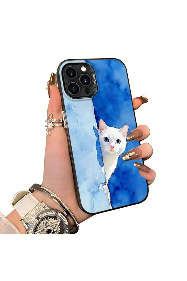 Cute White Cat Pattern Acrylic Back Silicone Edge Phone Case Compatible with iPhone 12 Pro Max