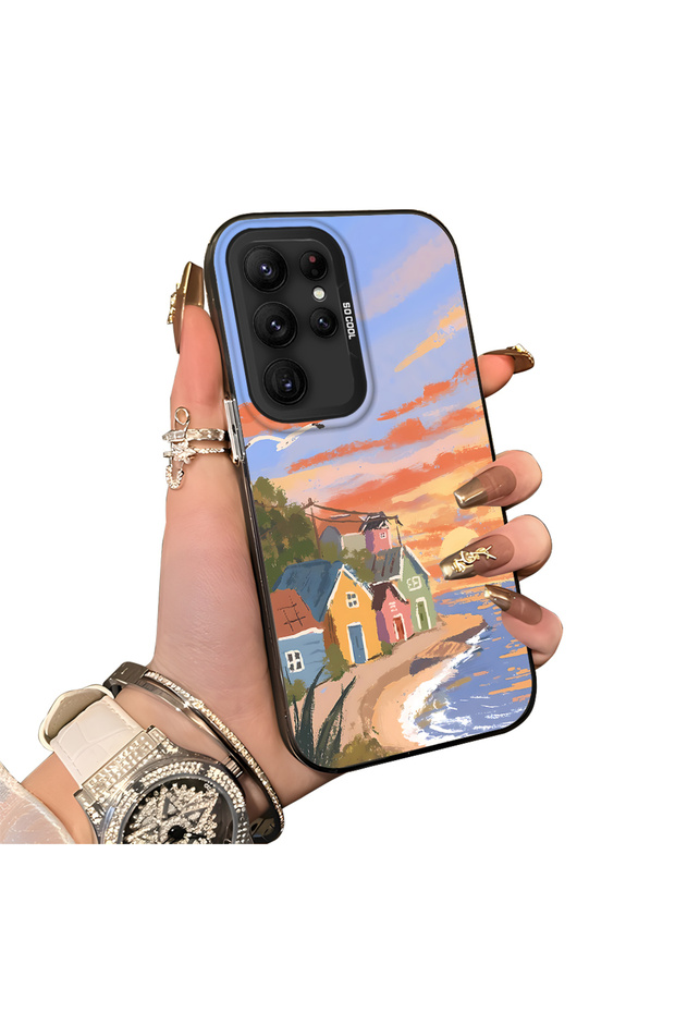 Samsung Galaxy S22 Ultra Compatible Sunset Beach Scenery Printed Acrylic Back Silicone Edge Phone Case