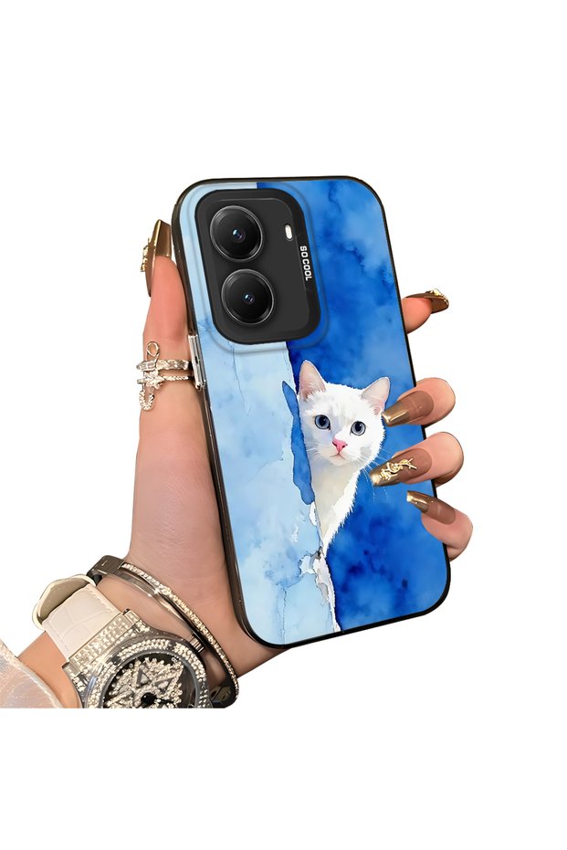 Xiaomi Poco X7 Pro Compatible Cute White Cat Pattern Acrylic Back Silicone Edge Phone Case