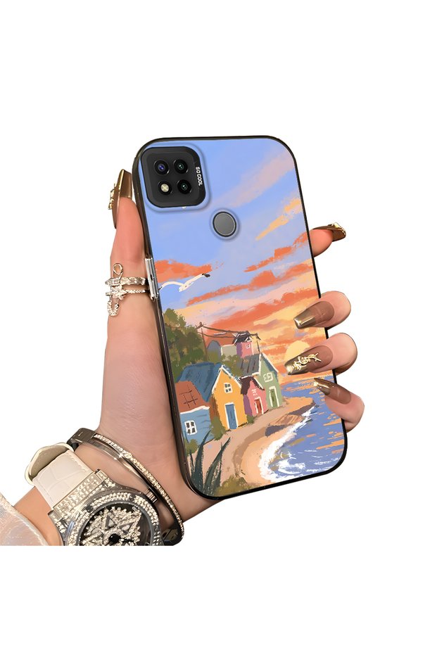 Xiaomi Redmi 9C/10A Compatible Sunset Seaside Scenery Printed Acrylic Back Silicone Edge Phone Case