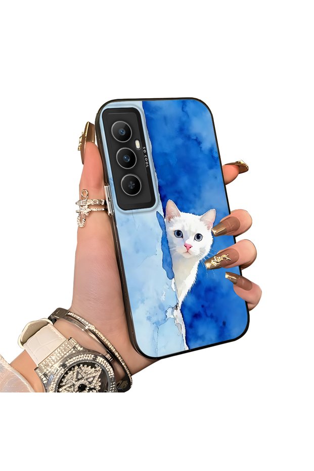 حافظة هاتف Realme C65 4G متوافقة مع نمط القط الأبيض اللطيف من الأكريليك مع حافة من السيليكون