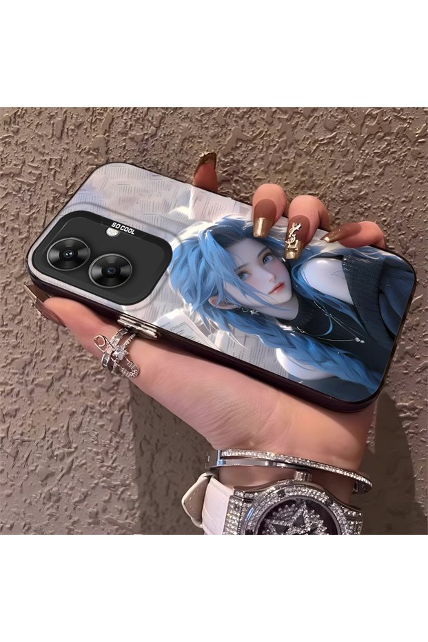 Realme Note 60 Compatible Blue Haired Anime Girl Patterned Acrylic Back Silicone Edge Phone Case
