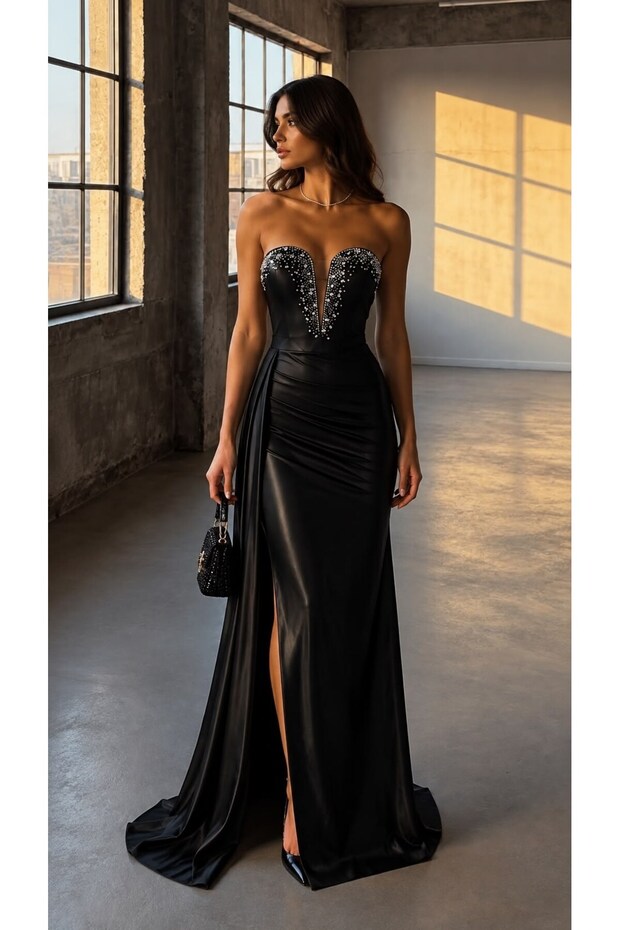 Black Stone Detailed Draped Tail Slit Satin Mermaid Evening Dress 583430