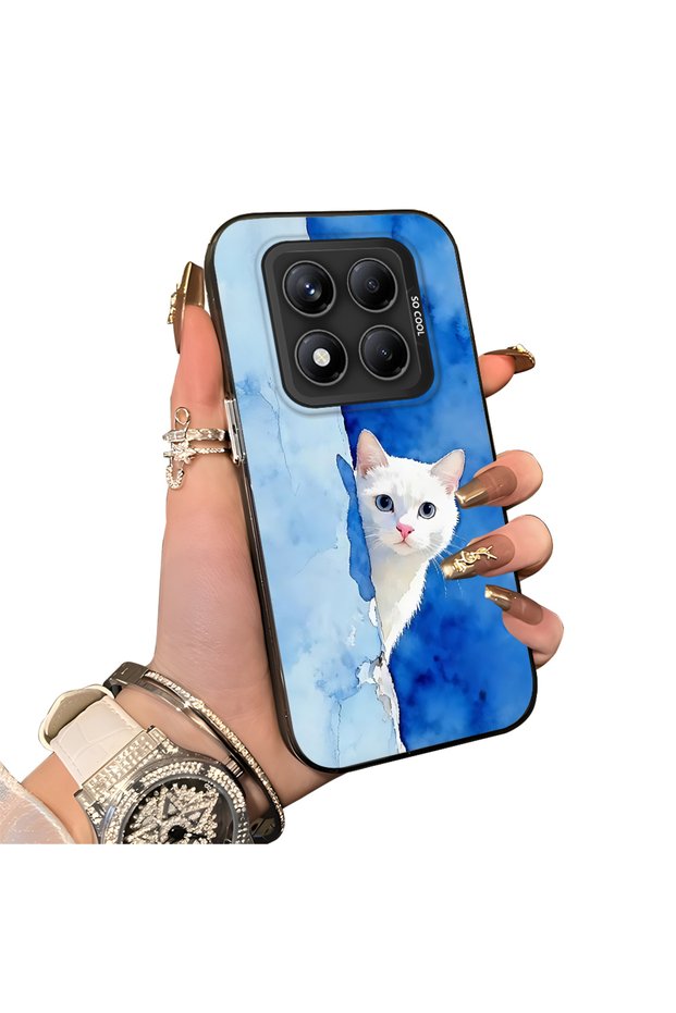 Cute White Cat Pattern Acrylic Back Silicone Edge Phone Case for Xiaomi Redmi Note 14 Pro 4G/5G Compatible