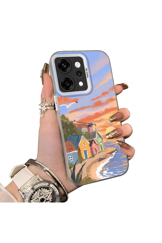 Oppo Reno14 Pro Compatible Sunset Beach Scenery Printed Acrylic Back Silicone Edge Phone Case