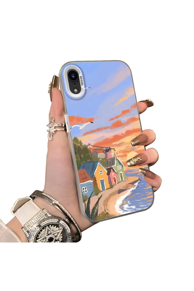 iPhone Xr Compatible Sunset Beach Scenery Printed Acrylic Back Silicone Edge Phone Case