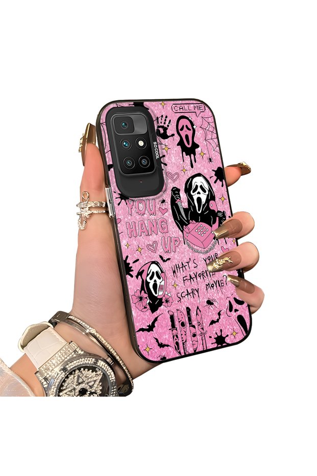 Xiaomi Redmi 10 2022 Compatible Pink Horror Movie Mask Patterned Acrylic Back Silicone Edge Phone Case