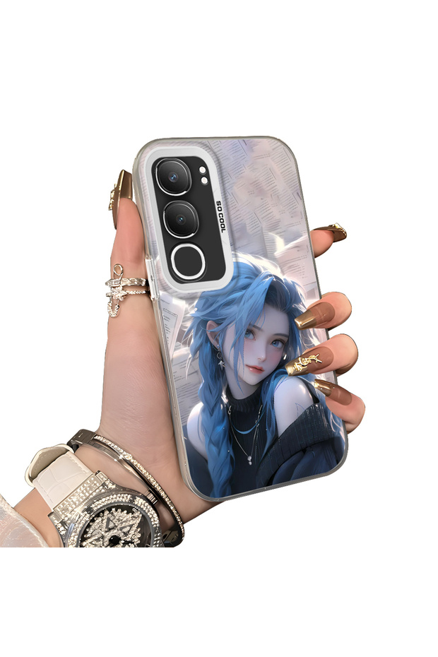 Vivo Y19S 4G/Y19S Pro Compatible Blue Haired Anime Girl Patterned Acrylic Back Silicone Edge Phone Case