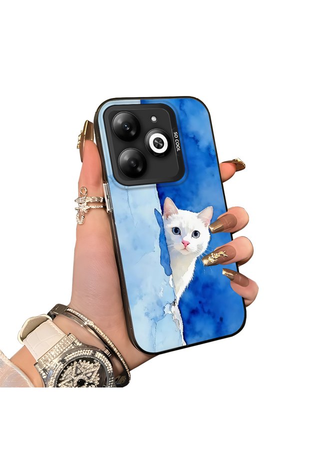 Cute White Cat Pattern Acrylic Back Silicone Edge Phone Case for Infinix Smart 8/8 Pro/8 Plus Compatible