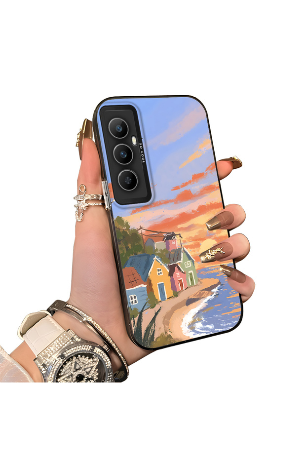 Realme C65 4g Compatible Sunset Seaside Scenery Printed Acrylic Back Silicone Edge Phone Case