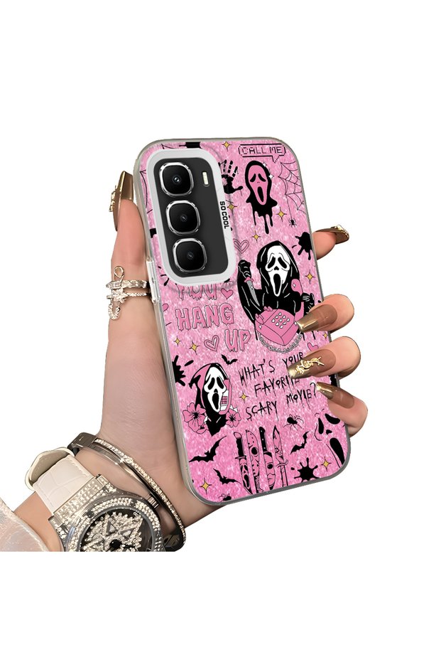 Infinix Hot 60 5g Compatible Pink Horror Movie Mask Patterned Acrylic Back Silicone Edge Phone Case