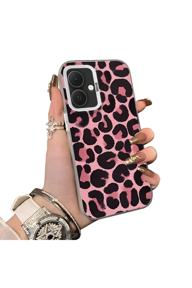 Tecno Spark Go 2(Km4) Compatible Pink Back Black Leopard Pattern Acrylic Back Silicone Edge Phone Case
