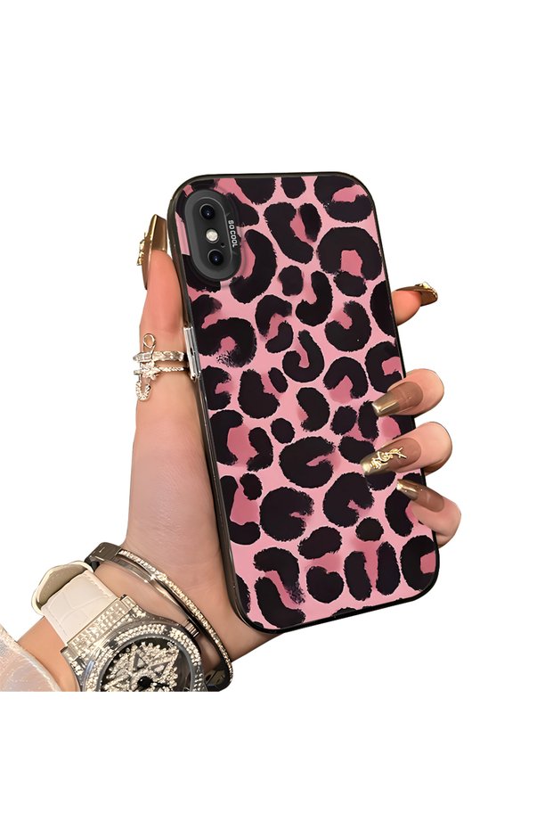 iPhone XS Max Compatible Pink Back Black Leopard Pattern Acrylic Back Silicone Edge Phone Case