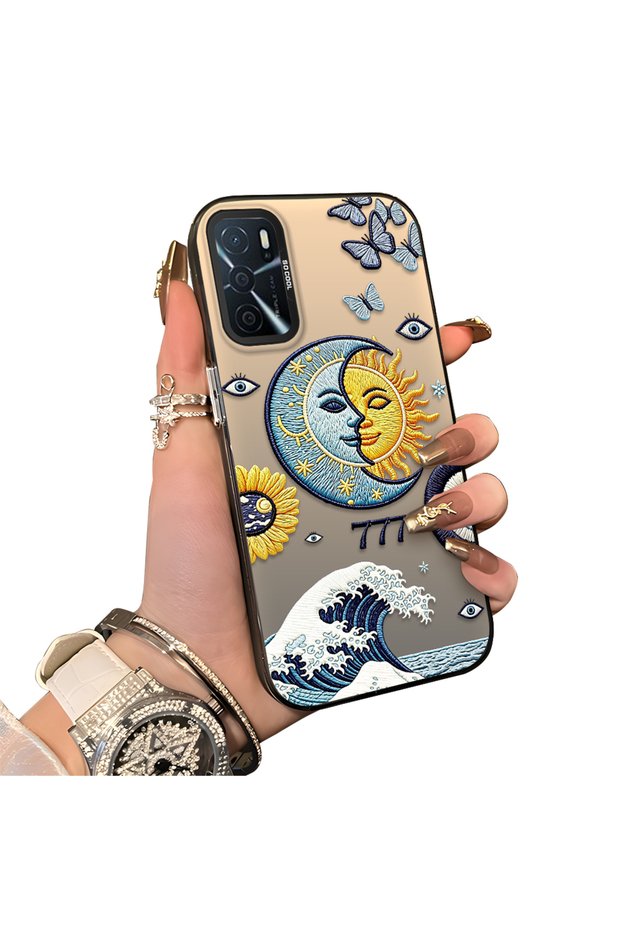 Oppo A54S Compatible Sun-Moon Eye and Wave Butterfly Pattern Acrylic Back Silicone Edge Phone Case