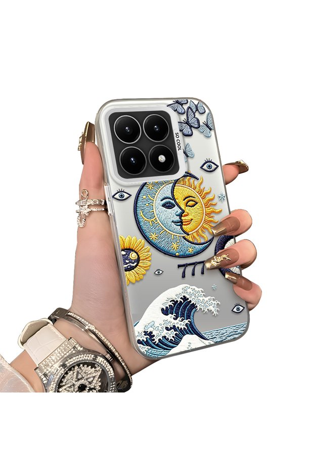 Xiaomi Mi 15t Compatible Sun-Moon Eye and Wave Butterfly Pattern Acrylic Back Silicone Edge Phone Case