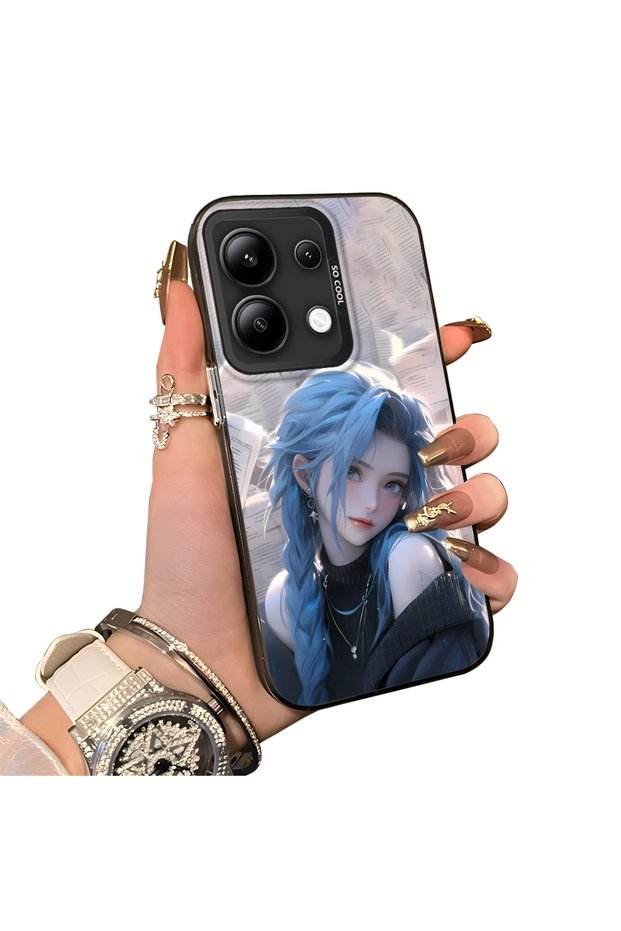 Xiaomi Redmi Note 13 4g Compatible Blue Haired Anime Girl Patterned Acrylic Back Silicone Edge Phone Case